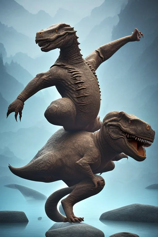 shaolin master vs yoga dino, water, temple background, mist