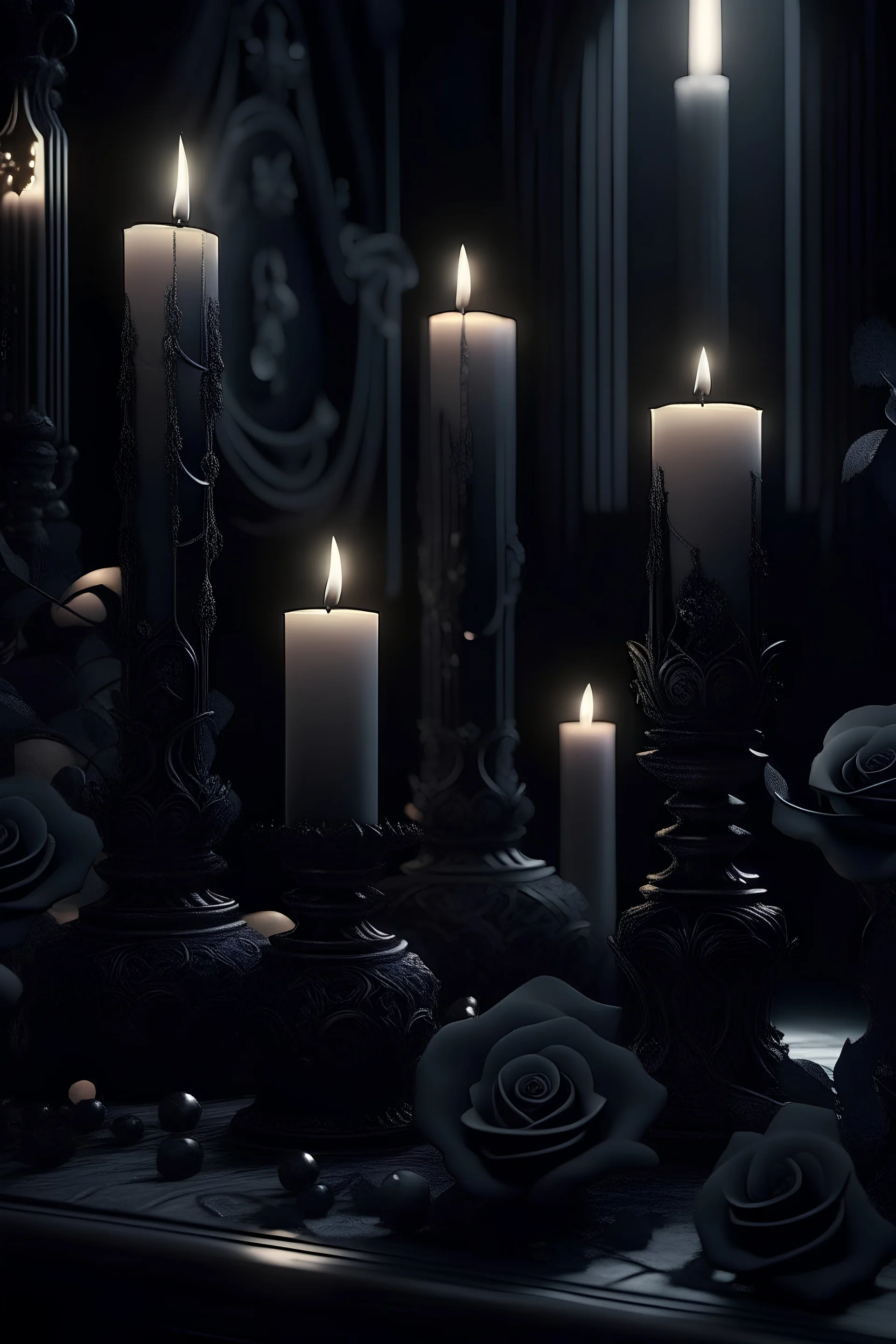 MAGIC Gothic black candles, black lace, pearls, black roses on a white background, trending on Artstation ::{creative commons}:: Illustration :: Color correction:: Filmic, Nikon D750, Brenizer Method, Perspective, Depth of Field, F/ 2.8, Lens Flare, Tonal Colors, 8K, Full-HD, ProPhoto RGB, Perfectionism, Frame Illumination, Natural Lighting, Soft Backlight