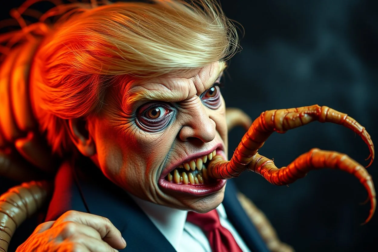 a grotesque parasite that looks like Donald Trump, horror