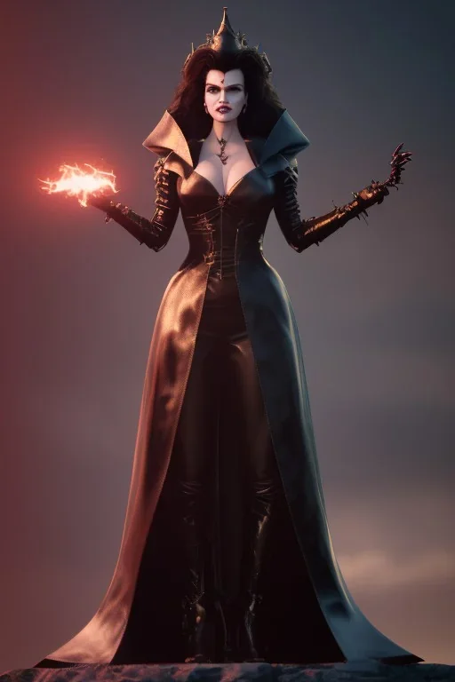 Geena Davis as evil queen in black leather, leather, busty, cleavage, angry, rage, stern look. character design by cory loftis, fenghua zhong, ryohei hase, ismail inceoglu and ruan jia. unreal engine 5, artistic lighting, highly detailed, photorealistic, fantasy