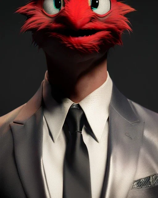 Portrait, hybrid character, original Elmo muppet head, man body, human arms and hands, Shirt and tie, concept art, smooth, unreal engine 5, god lights, ray tracing, RTX, lumen lighting, ultra detail, volumetric lighting, 3d, finely drawn, high definition, 4k.