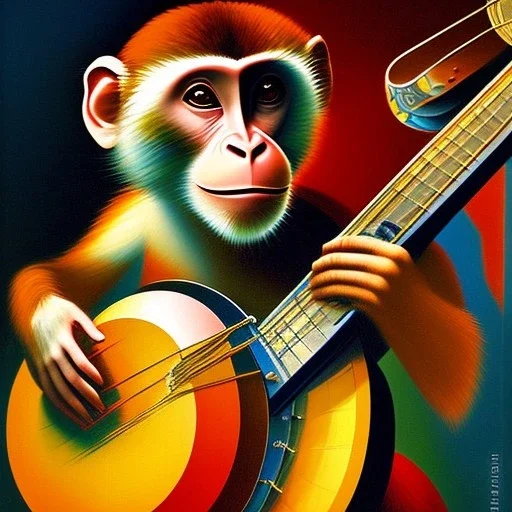 cubist painting of a monkey playing a banjo