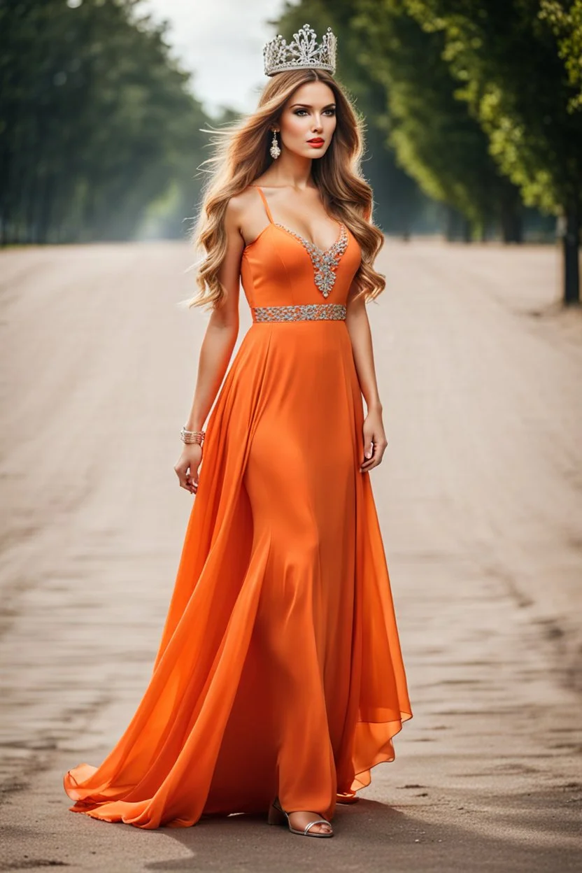 very beautiful ukrain lady wearing orange pretty maxi flared dress with hair silver crown ,standing idle pose