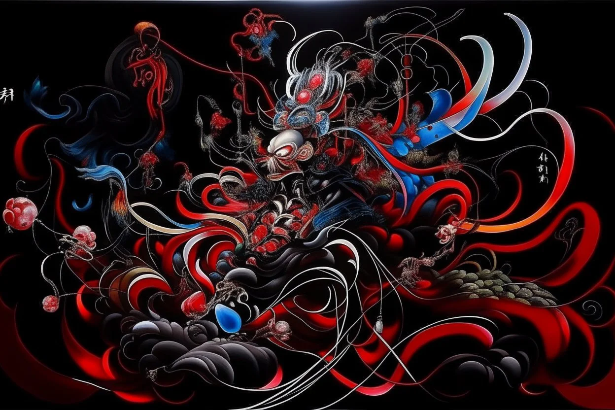 Japanese Neo-Shodo acrylic on silk painting, JAPANESE SPIRIT NO. 6, by Tenmyouya Hisashi, dynamic composition, surreal man machine hybrid, epic masterpiece, dark shines war