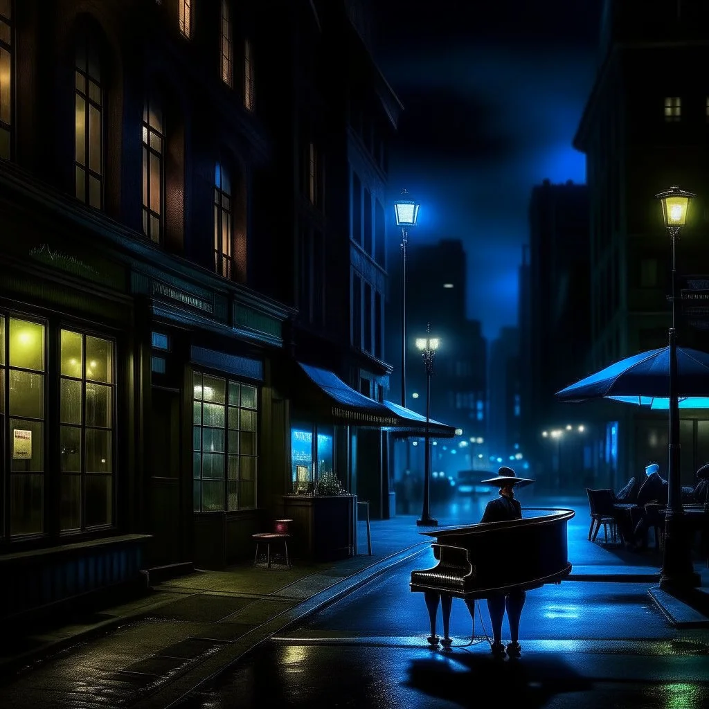 jazz vibes, city at night, lonely, dark colours, photo realistic