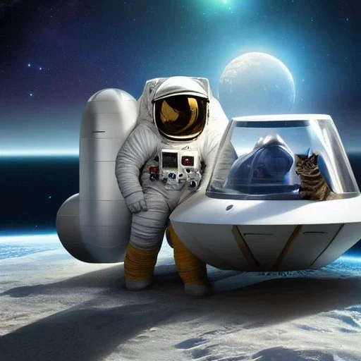 hyper-realistic artwork of astronaut with his pet cat inside spaceship, 8k resolution, high-quality, fine-detail, detailed matte, intricate, 3D octane render, illustration, digital art, brian froud, howard lyon, anna dittman, greg rutowski,