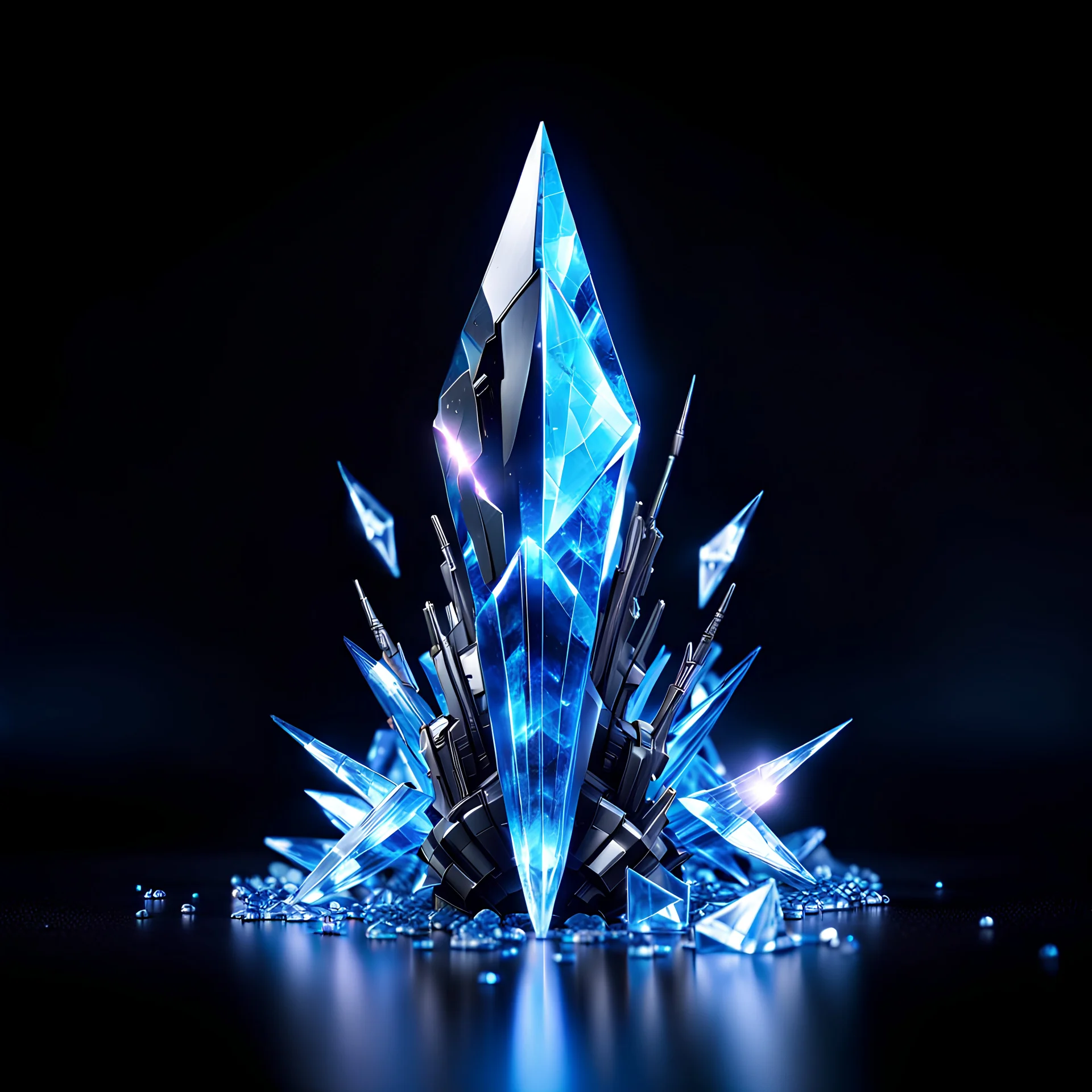 cyberpunk crystal shard ammunition, chaos shards, black background, blue lighting, video game icon