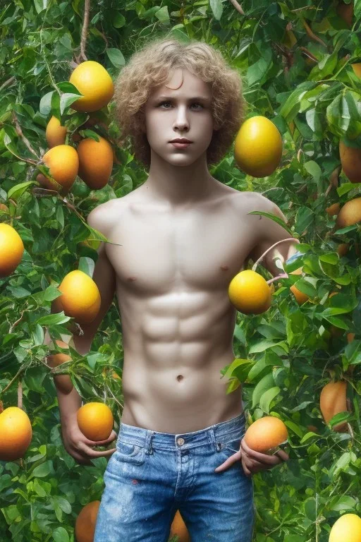 beautiful 12 year old arabic boy with long, blonde curly hair and light blue eyes, smiling, shirtless, in front of a distant mango tree