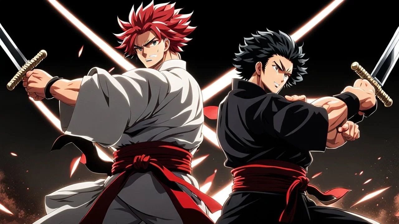 yujiro hanma vs yoriichi tsugukuni, baki vs kimetsu no yaiba, two mans standing in front of each other, a big strong man in black shirt with red hair and evil grin in martial art's stance with bare fists facing a smaller feminine swordsman with long hair and calm face reaching for his sword in traditional japanese clothes both preparing to fight each other