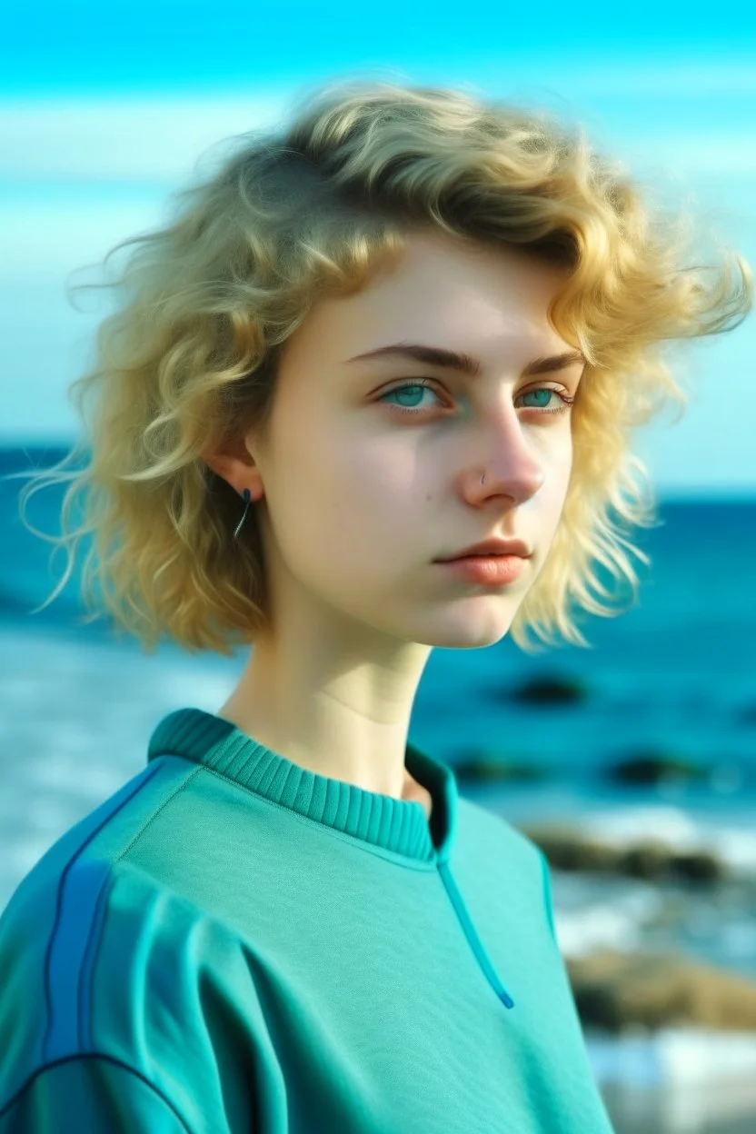 portrait of a 16 year old caucasian woman with and super short blond curly hair, blue-green eyes, futuristic style standing next to the sea