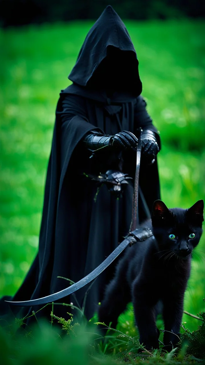 a full-length photograph of a [black-robed hooded Nazgul from the [Lord of the Rings] movies, articulated metal gauntlets] stands over a [small black kitten] which laps from a [small bowl of milk] on the ground, a [huge black warhorse, black saddle] in the background, depth of field, green meadow, mood ominous --style raw