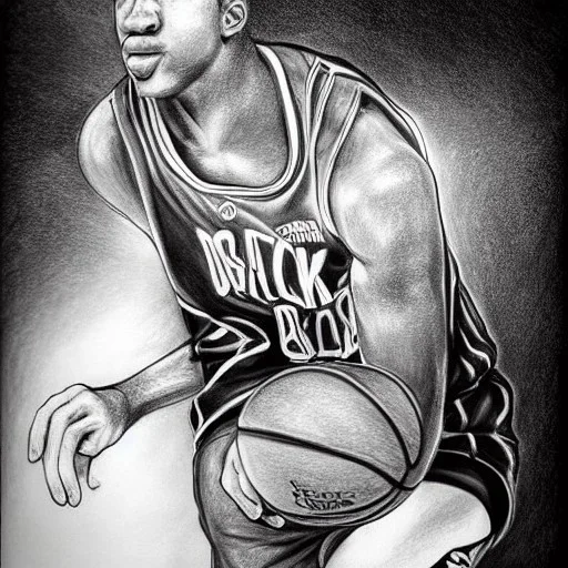 Realistic, drawing, black and white, basketball player, slam dunk