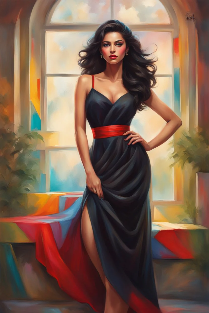 A full body Portrait of a beautiful young woman, slanted, dark eyes with large eyelashes, voluminous wavy black hair, red lipstick, thin strap blouse, colorful, perfect face, shine, realistic, best image quality, oil paint, Light clothes, vivid colors, Thin strap blouse, Art By Jon Bauer,, By cgsociety,standing