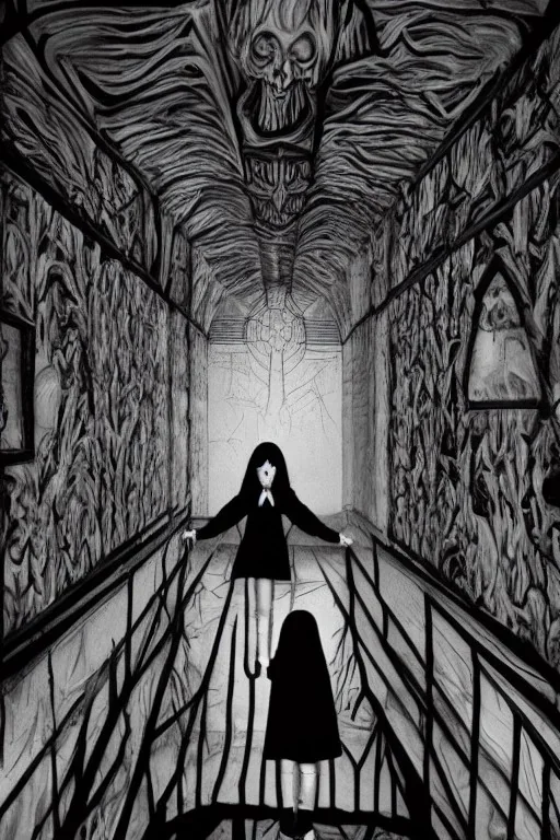 Wednesday Adams in 3d scary dark room Escher style