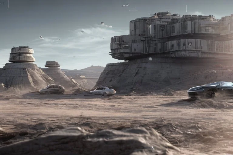 A Tesla 'Model S' is parked, within the trench of the Death Star. (CINEMATIC, WIDE ANGLE LENS, PHOTO REAL)