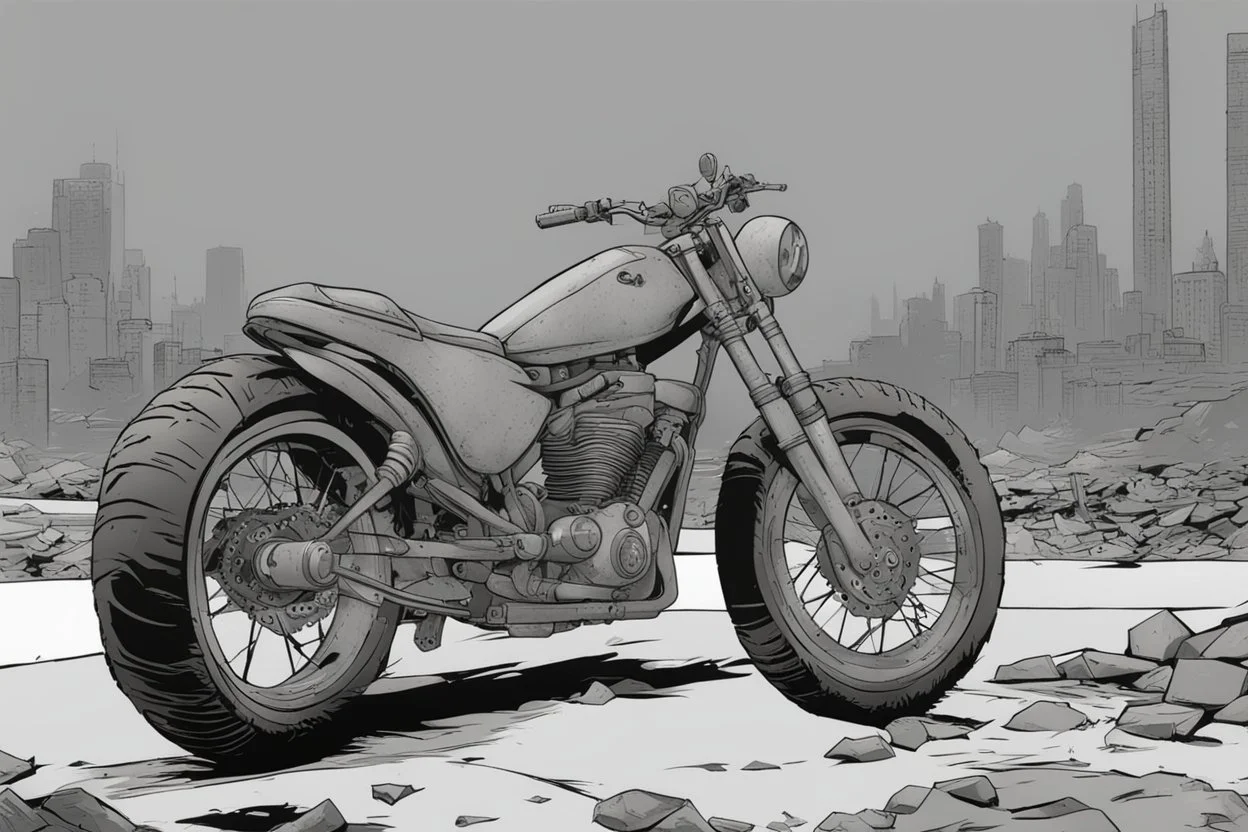 motorcycle, comic book,post-apocalypse, gray background,