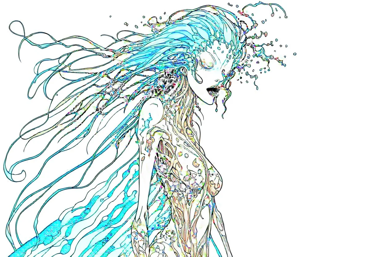 full color front facing full body illustration of a malevolent shape shifting female Funayurei water ghost with highly detailed facial features and skin textures, in the style of Alex Pardee , Jean Giraud Moebius, and Katsushika Hokusai, highly detailed, boldly inked,