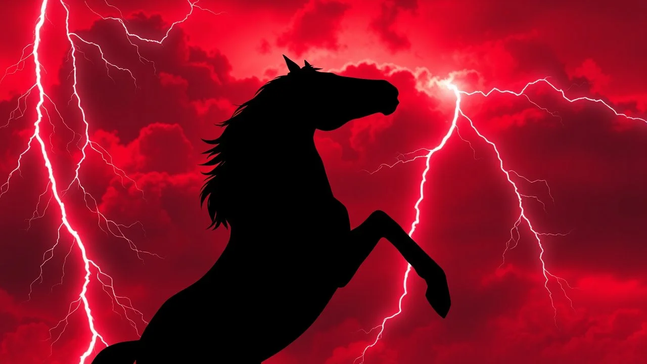 full silhouette of a horse rearing up(on right facing left, outlined by lightning), red cloudy sky, lightning bolts(from top to bottom left), digital painting