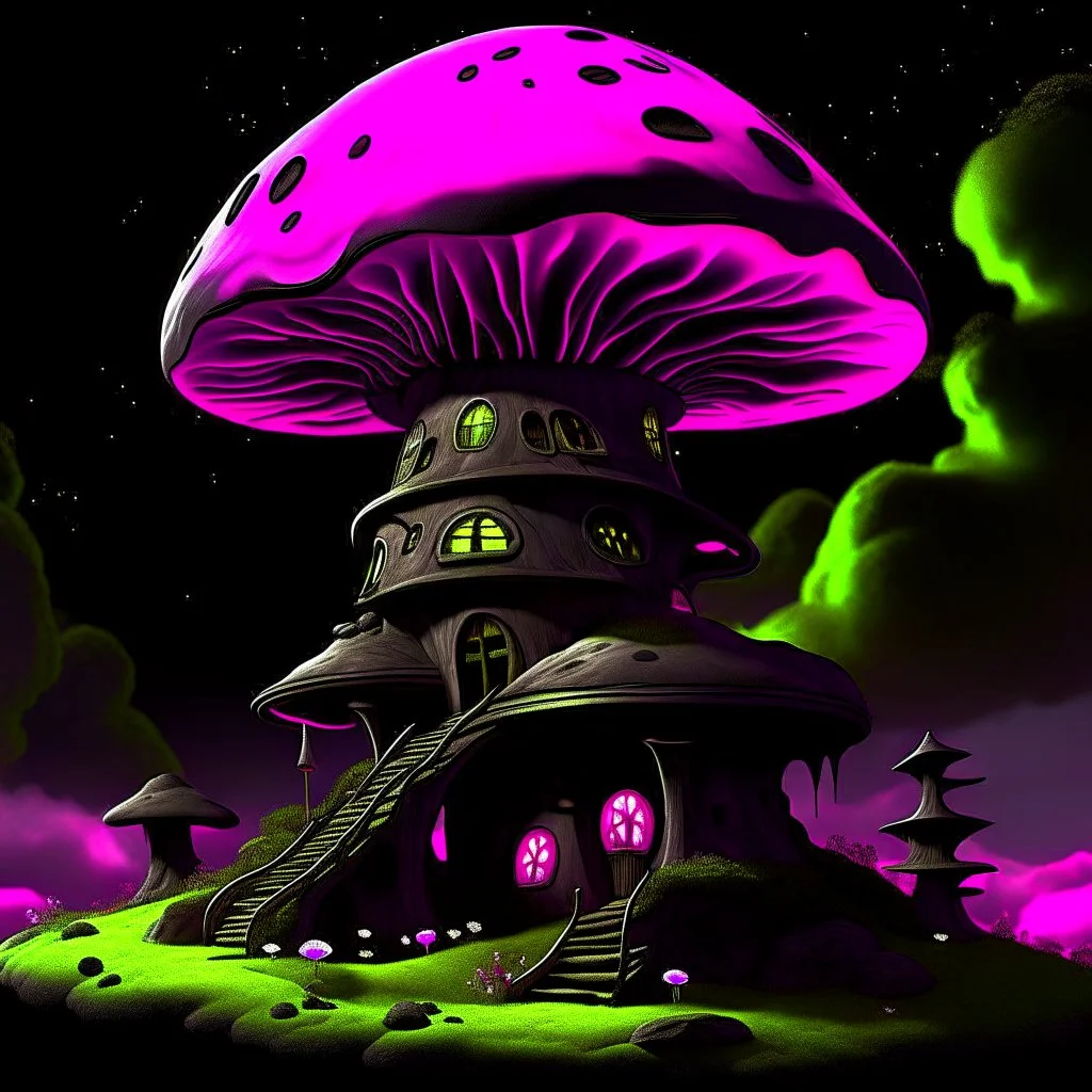 A fantabulous black, lime, and pink (((mushroom tower house))) erected atop a (geologic pillar), surrounded by the uncanny imaginative ((( swirling skies))), offset by the stark hues of a (neon-tinged nebulous space scape), within. captured by the hand a skilled master painter with a focus on (softly blurred compositions and voluminous lighting).