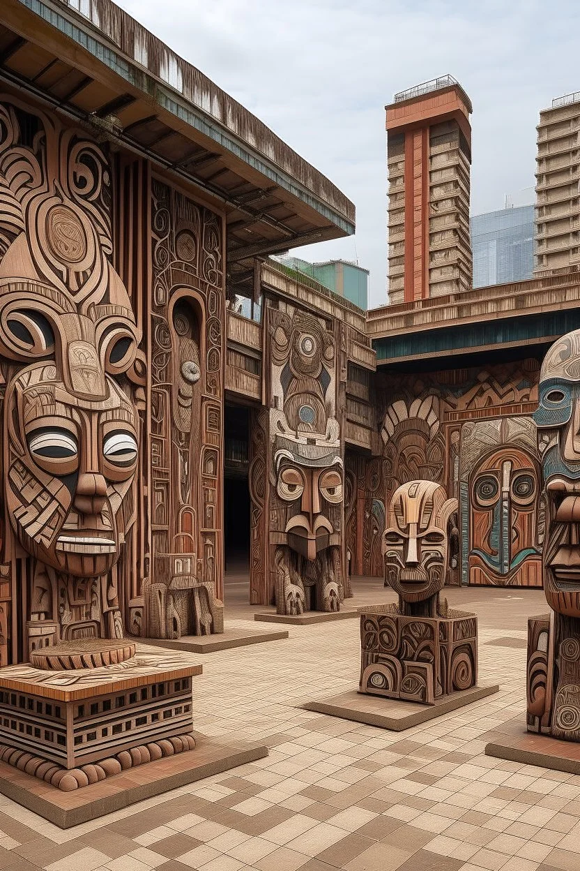 A brown construction zone grounds near a city designed in African masks painted by Karl Wiener