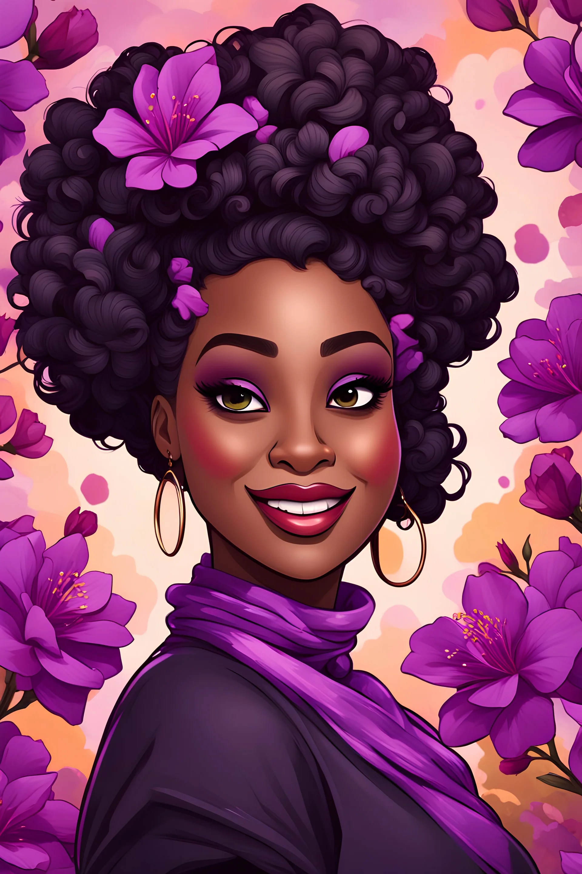 Create a abstract cartoon art style image of a plus size black female looking down with a smile on her face. Prominent makeup with hazel eyes. Highly detailed messy curly bun with a hair scarf tied on her head with large purple azalea flowers surrounding her. 2k
