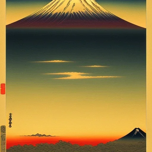 Ukiyo-e painting of a mount fuji at sunset