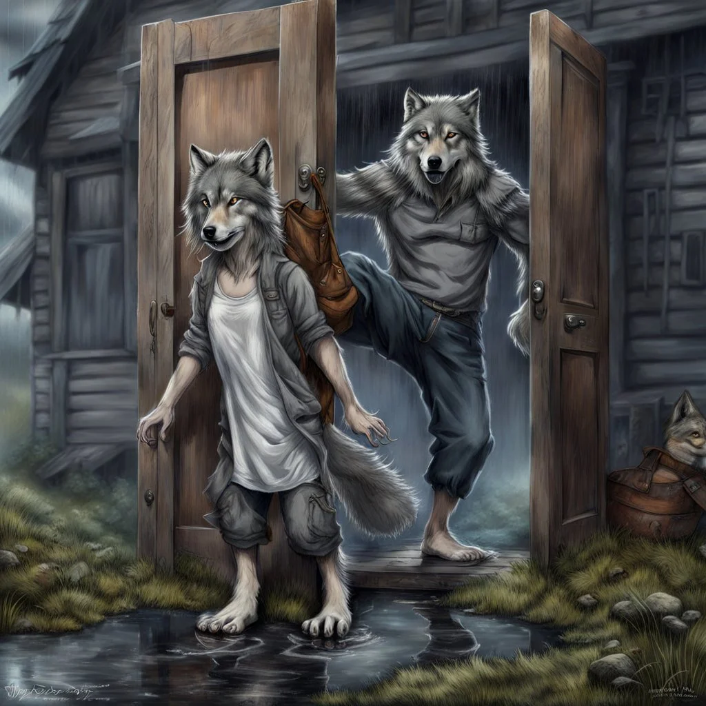 fantasy digital art of kicked out of the house her father out the door with his foot a very sad little anthro wolf she have wolf face gray hairy wolf body and wears just a short canvas rag around her waist , she have sadly face , rain , behind she an tall angry anthro wolf man in dark gray body hairy kicks she out the door , behind in rustic halb open door in an massive wooden house, rainy day, detailed, fantasy mood