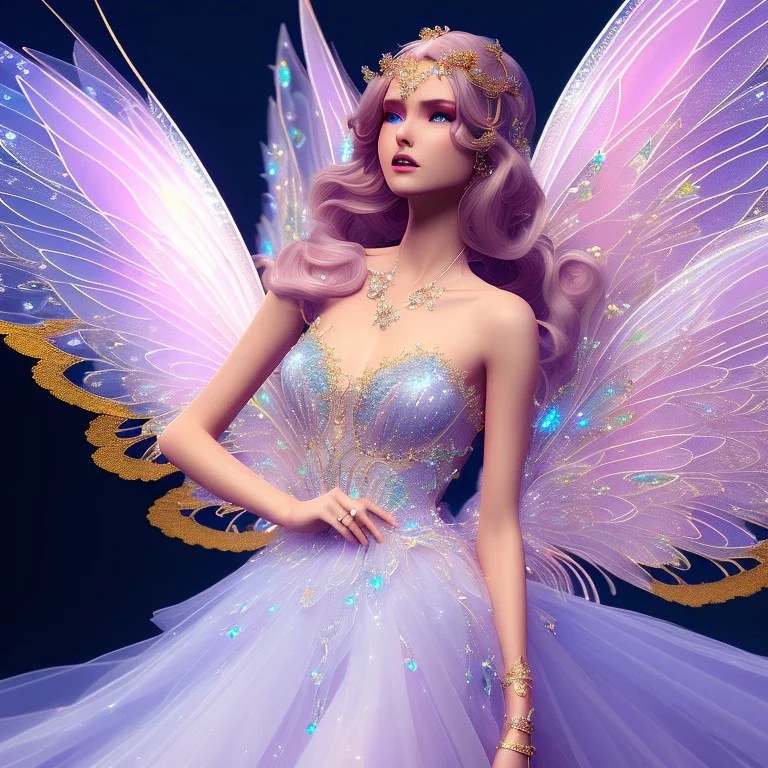 beautiful fairy in a galactic ambiance, transparent wings, delicate colors, finely tuned detail, ultra high definition, 8 k, unreal engine 5, ultra sharp focus