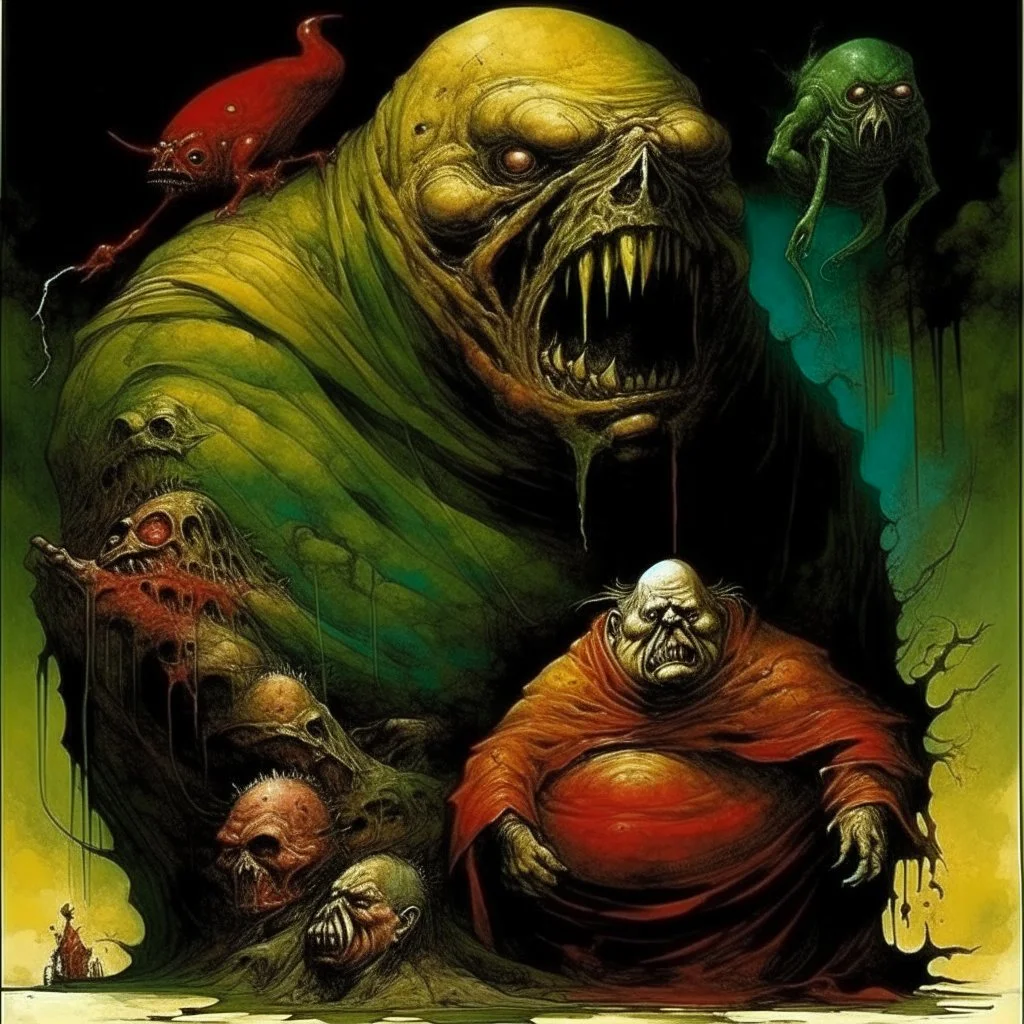 Horror Surreal sinister weird, Style by Keith Thompson and Graham Sutherland and Santiago Caruso and Dave McKean, Dante's third level of hell = GLUTTONY, symbolic art, diagonal composition, massively obese non-human radical bio deformity, masterpiece, strangecore and absurdity, overdose of grotesque, eerie, smooth, neo surrealism, colorful, Expressionism