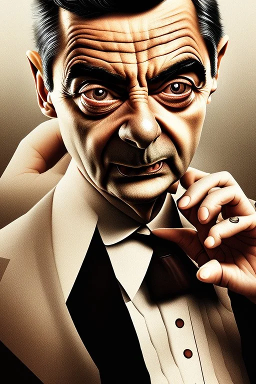 mr bean as the mafia godfather, 4k, trending art, weird perspective, realism, spray paint, detailed