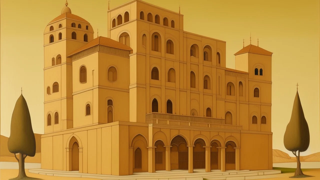 A beige monastery made out of terracotta painted by John Brack