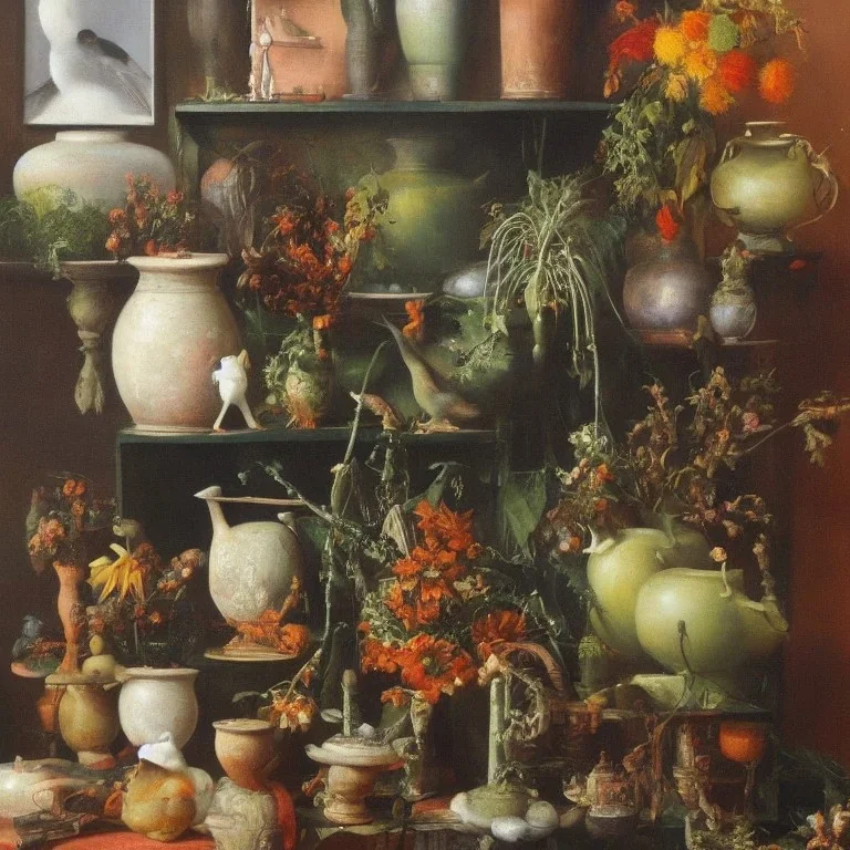 Finches, dresser, poet-shaped pots, brooms, a soft patina, Leonor Fini, hyperdetailed, crisp, clear, focused,