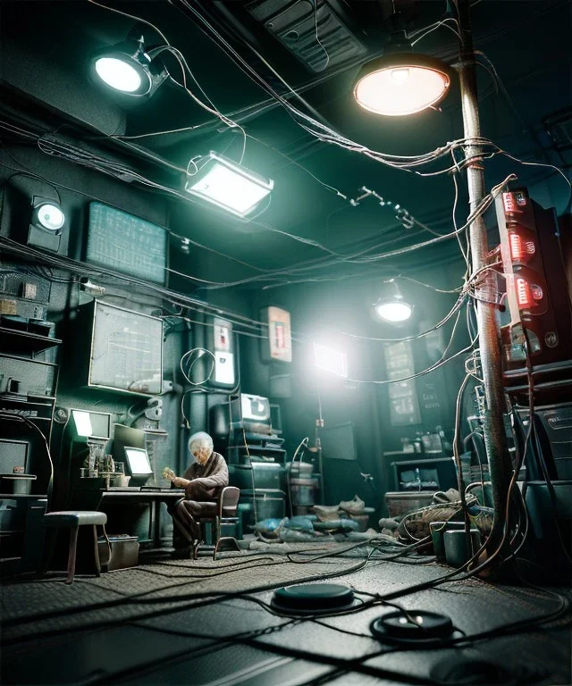 Ultra realistic photographic night portrait, cinematic, <Asian woman> + <Asian doctor old man><hanging wires> <retro computer> <cyberpunk> <many wires><perfect pupil> <cyborg arm> <garage> <wide angle Shot> <sci-fi futuristic> <thriller>, color fog, soft color, highly detailed, unreal engine 5, ray tracing, RTX, lumen lighting, ultra detail, volumetric lighting, high definition.