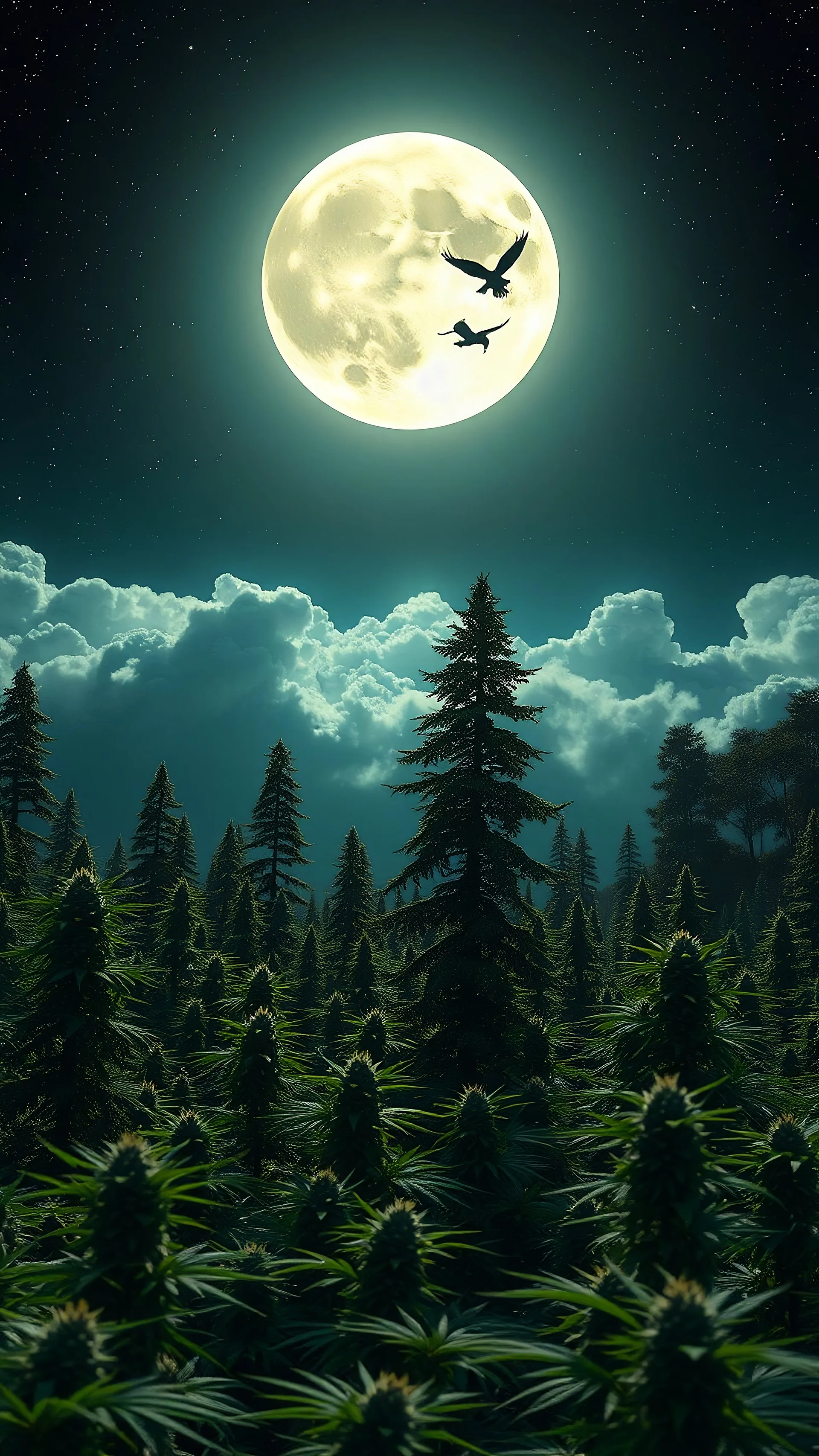 bright full moon landscape on green planet, space meteorites, stars in the night sky, fantasy plants on theof marijuana trees split toning effect, subsurface gaussian scattering, dark fantasy, dark botany, photorealistic image, ultra-details, Marijuana trees birds flying in to the sun clouds around the sun