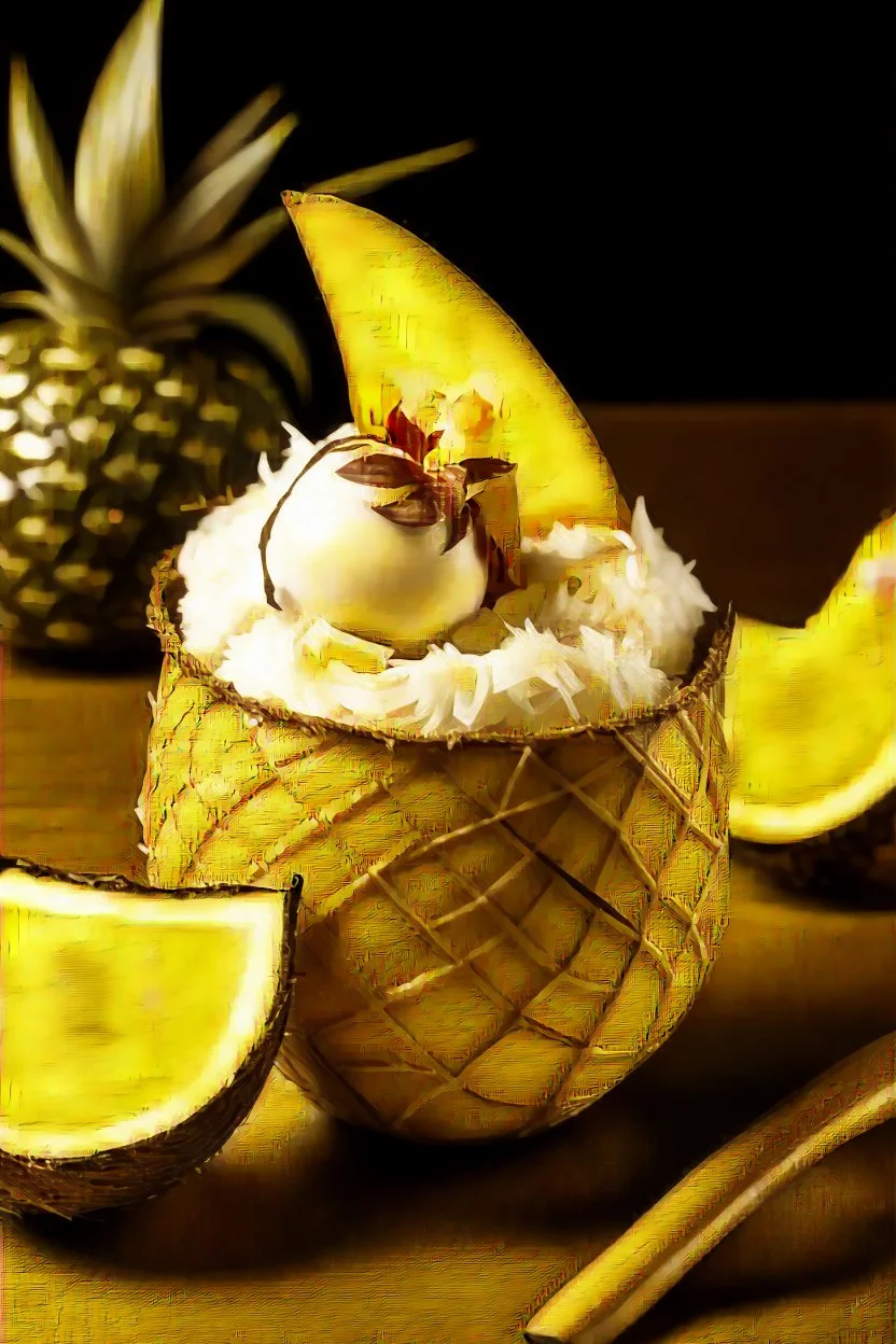 A tropical milkshake with a blend of coconut, pineapple, and mango, served in a coconut shell with a paper umbrella and a sprinkle of toasted coconut flakes.