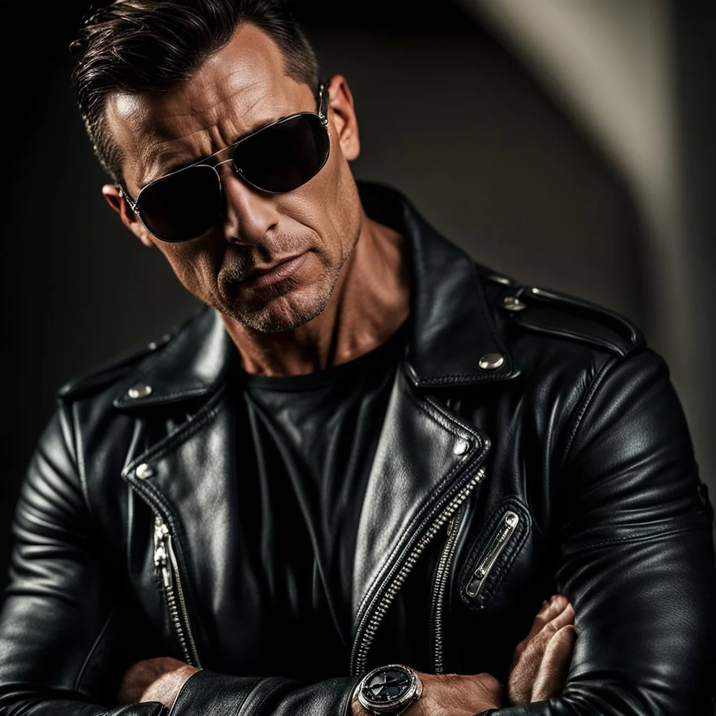 Handsome and muscular 40 year old Biker wearing a leather jacket and dark sunglasses standing with his arms folded