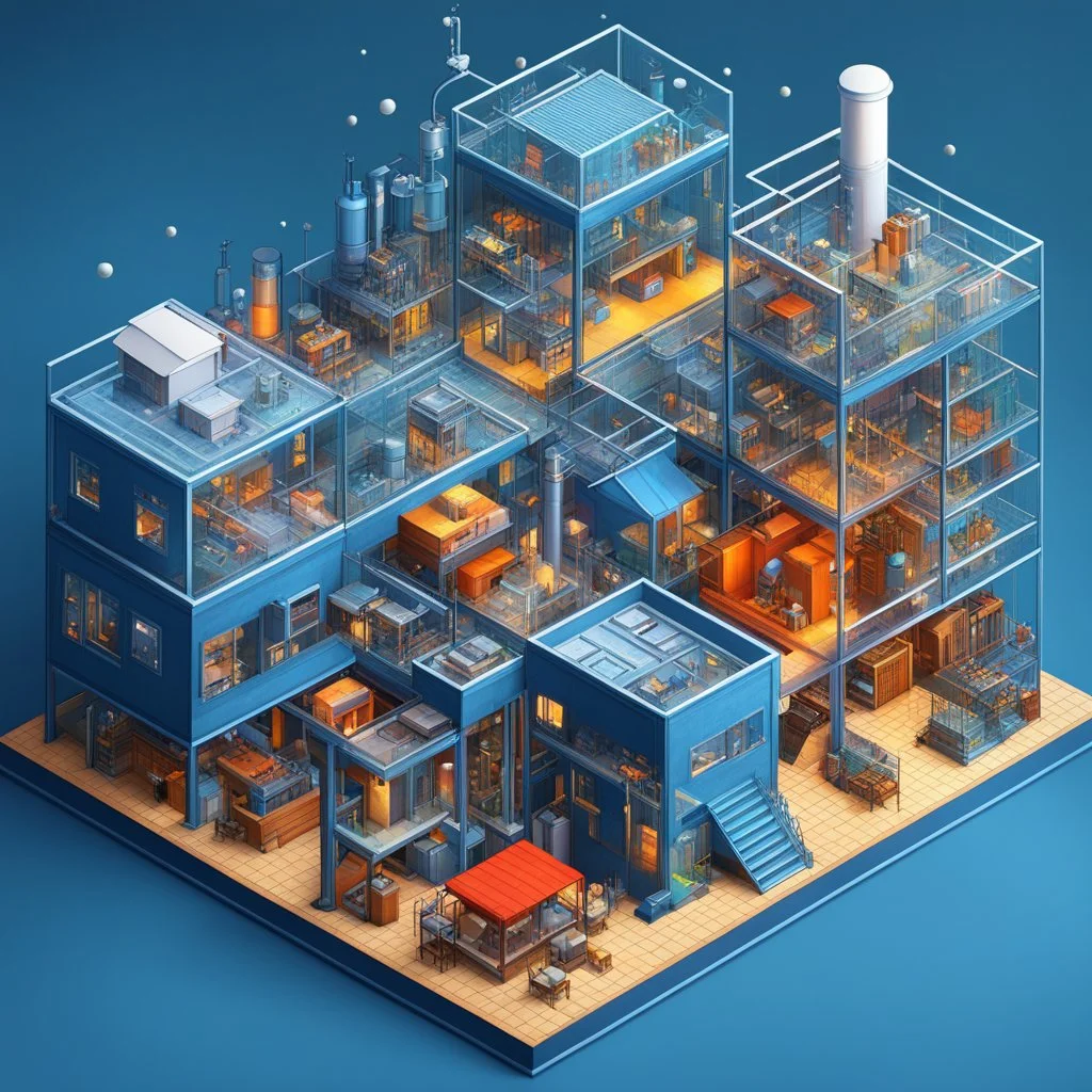 a Detailed Model of diagrams and instructions for creating digital houses. A detailed isometric digital illustration. The central focus is a miniature, intricately detailed Miniature factory with tubes, ovens and chemical devices of all sorts, coloured fluids circulate in tubes