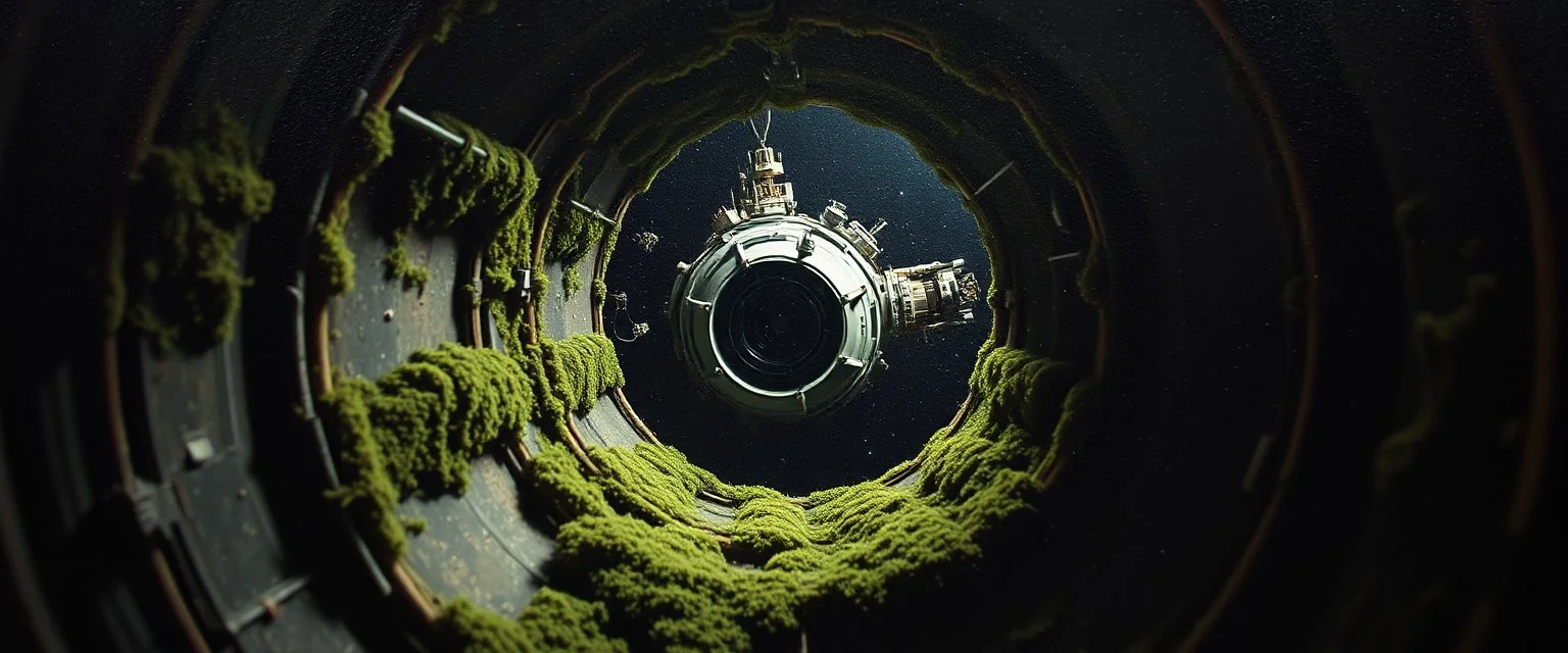 pin hole cam, master oil painting by Rembrandt, moss covered space station, brightened edges to give a sense of depth