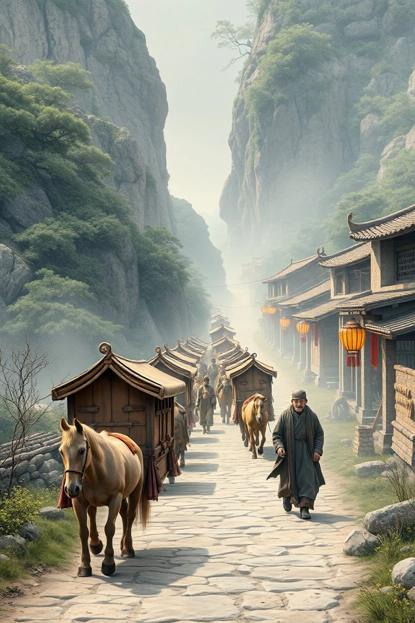 trading caravan Hexi Corridor silk road in ancient times in the style of Xu Zhen