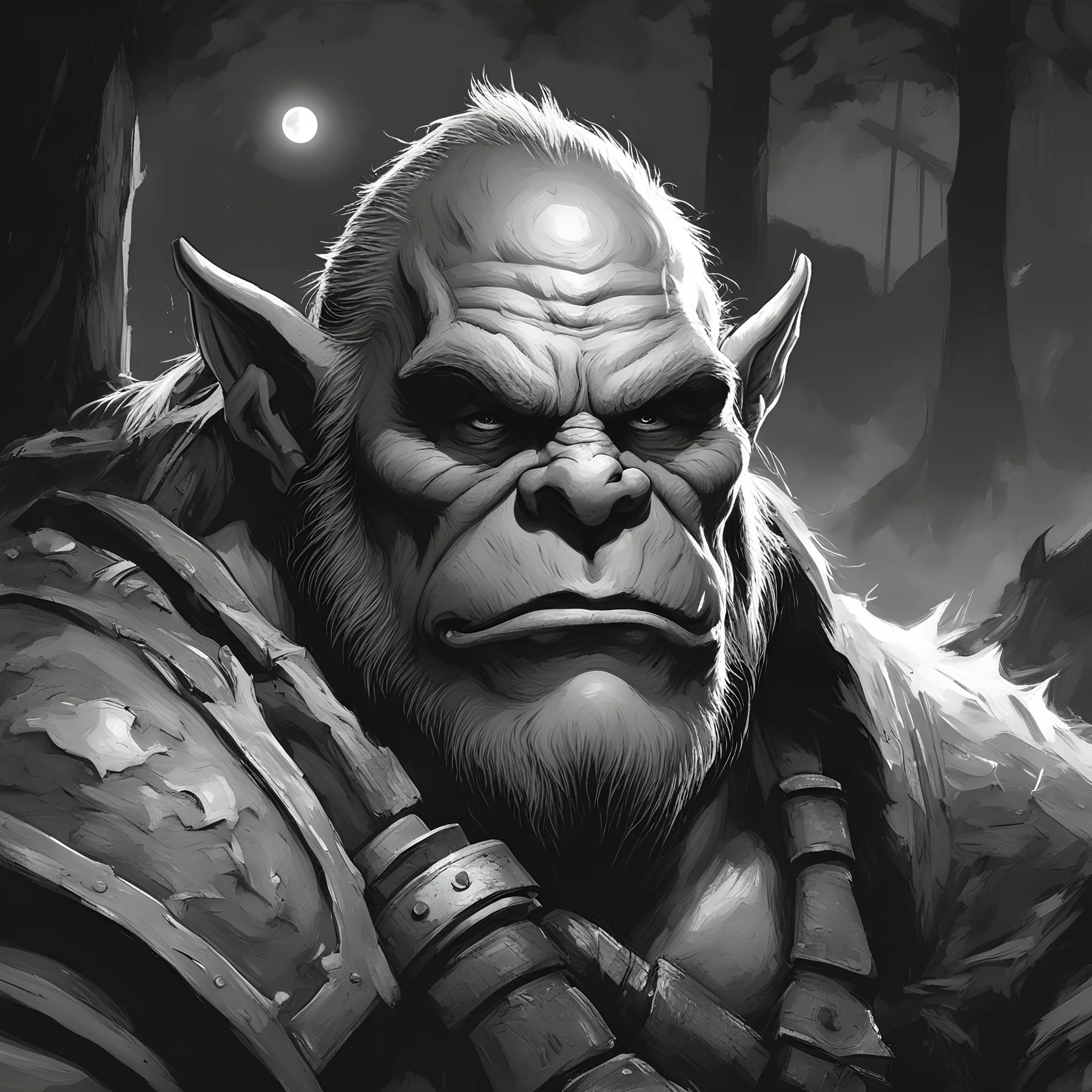 Generate an illustration of an old Orc warrior face from World of Warcraft in a tranquil moment looking into the distance. Picture the Orc relaxing in a peaceful setting, perhaps seated by a campfire, enjoying a serene moment of reflection or leisure. The picture should be black and white