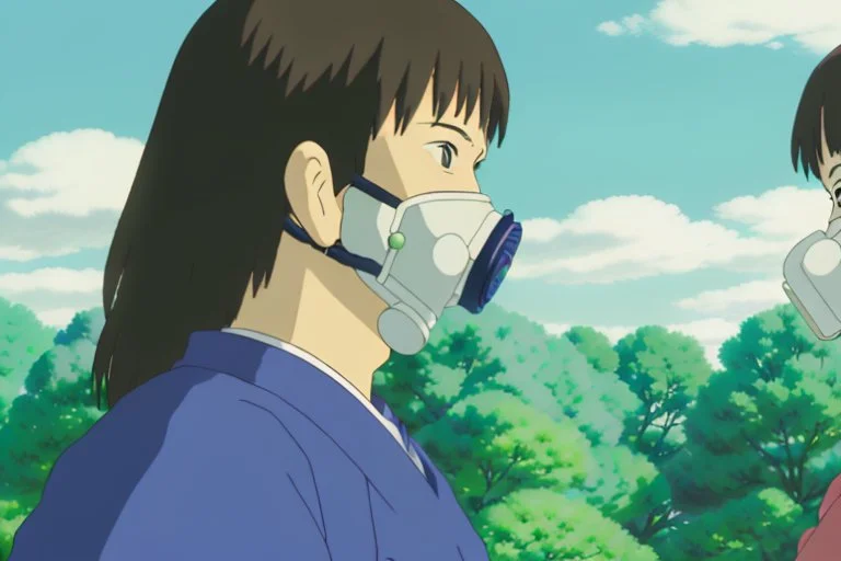 A close-up of Yui and Toshi wearing respirators, their eyes widened in revelation as they discover the connection between the Whispering Pines and their respirators, the trees glowing faintly in the background.