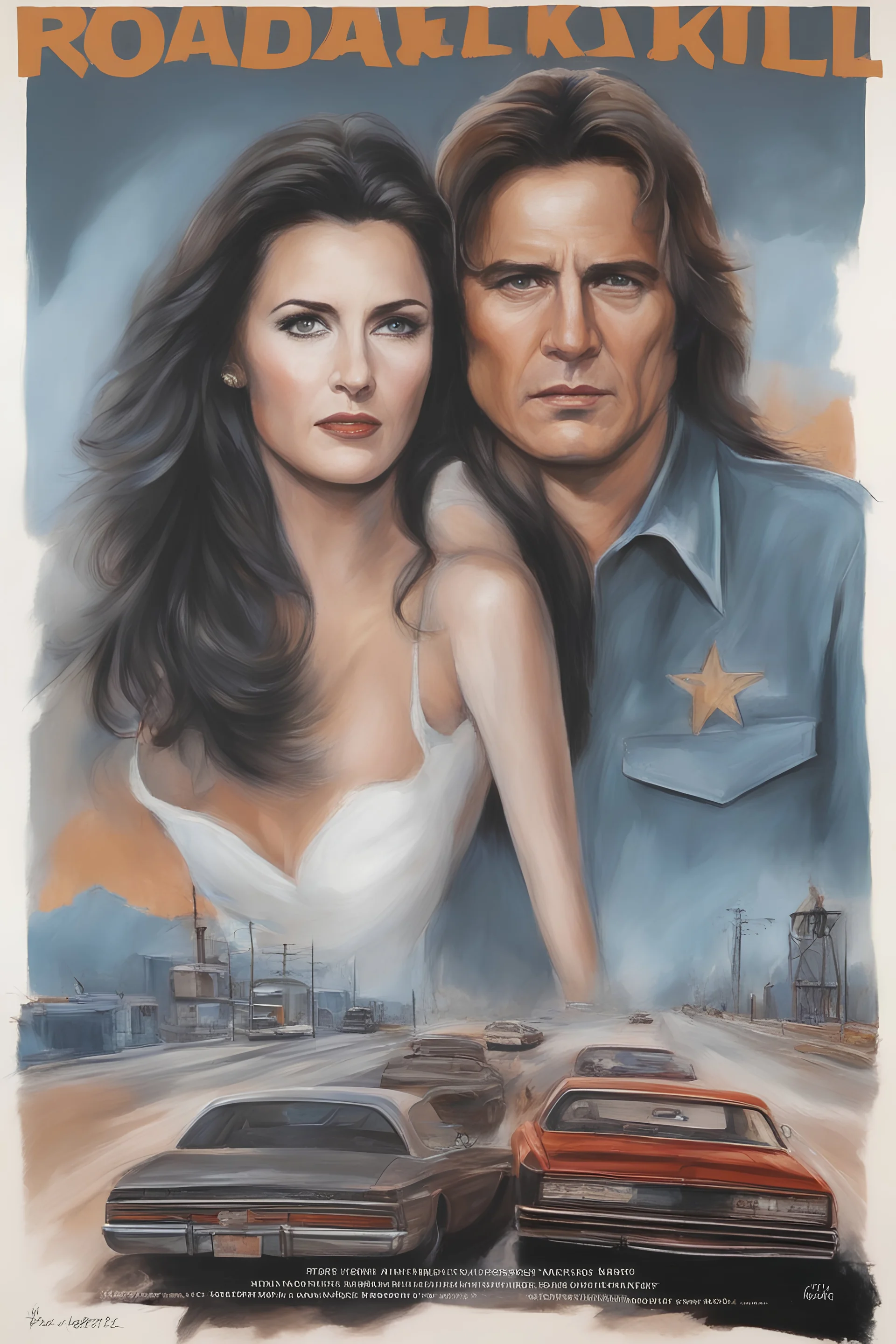 Movie poster - text "ROADKILL" - Lynda Carter and Fabio Lanzoni, Don't Trust Anybody, oil on canvas, in the art style of Roadkill,