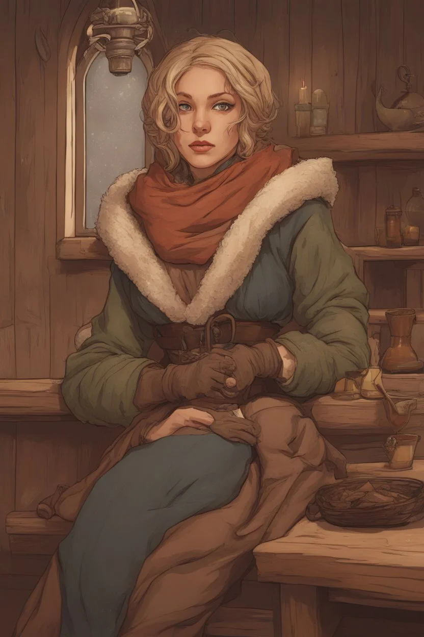 DnD style, medieval beautiful woman dressed in warm winter clothes sitting in a tavern sitting across from viewer