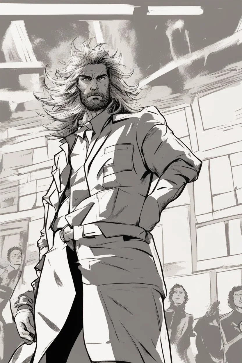 man with scruffy hair, stubble and a judgmental look on his face comic book style