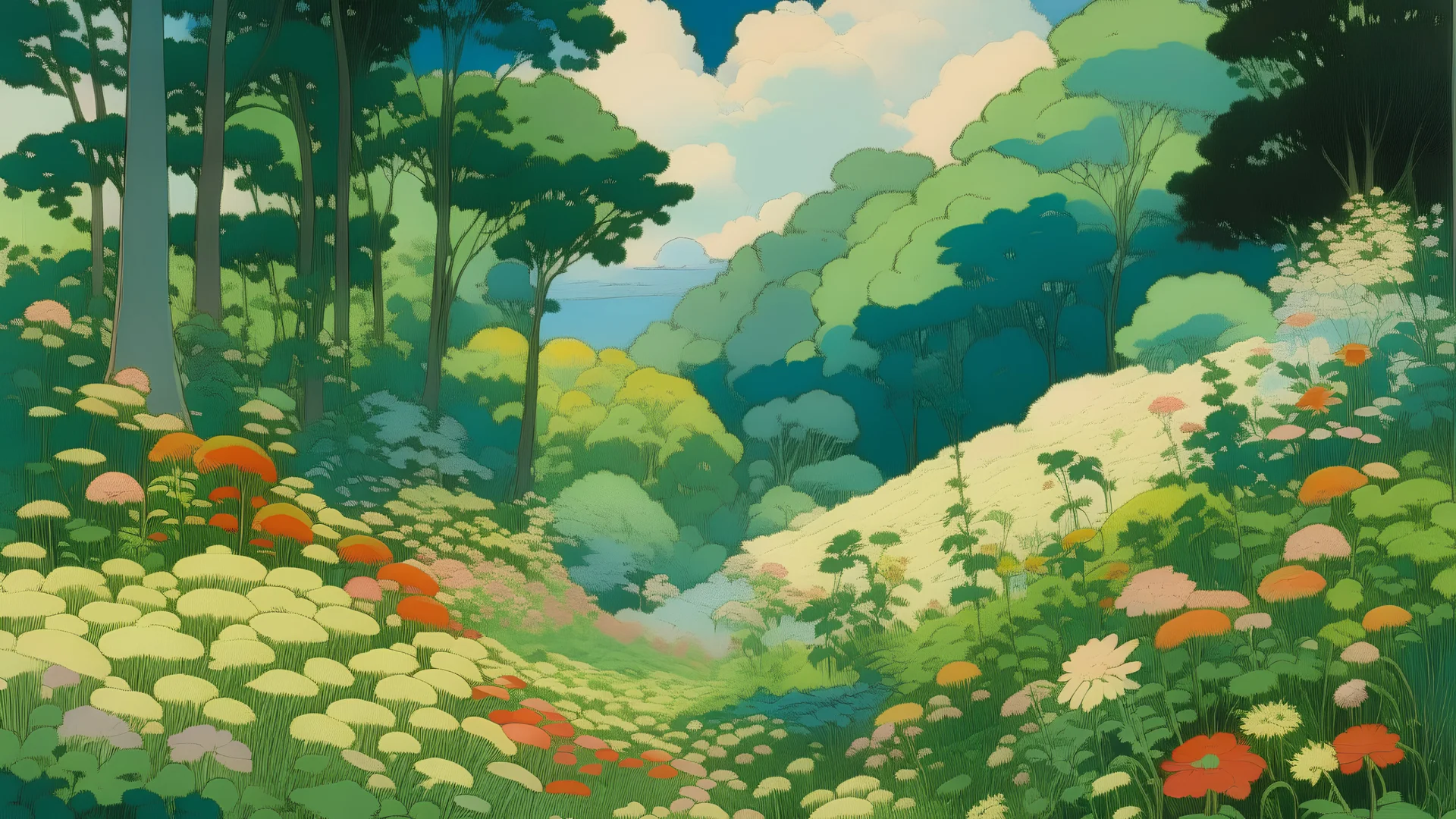 An illustration by Miyazaki and Monet of a landscape of blooming flowers and lush vegetation.