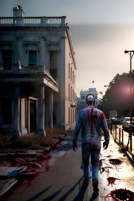 Ultra realistic image, joe biden zombie, zombie performance, blood, torn arm, night, walking twisted, waist up view, walking dead style, dark ambient, highly detailed, White House background, concept art, unreal engine 5, god rays, ray tracing, RTX, lumen lighting, ultra detail, volumetric lighting, 3d, finely drawn, high definition, high resolution.