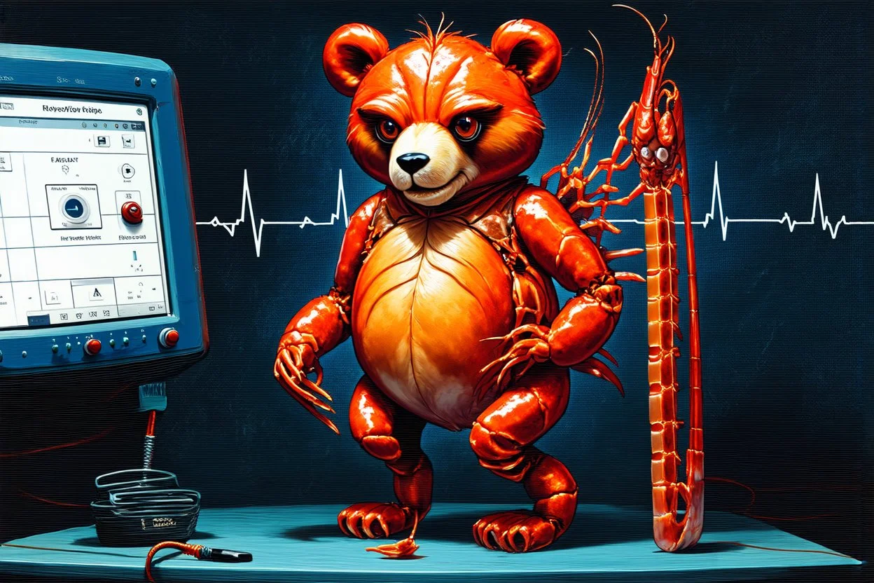 text "DESPAIR OF HOPE" in shaky writing, failing upward metaphoric anthropomorphic paunchy prawn bear hybrid with a distended belly connected to an EKG machine, photo negative glitchy, phantasmagoric, surreal, moody, profound, dramatic, matte oil painting, fantastical, creepy