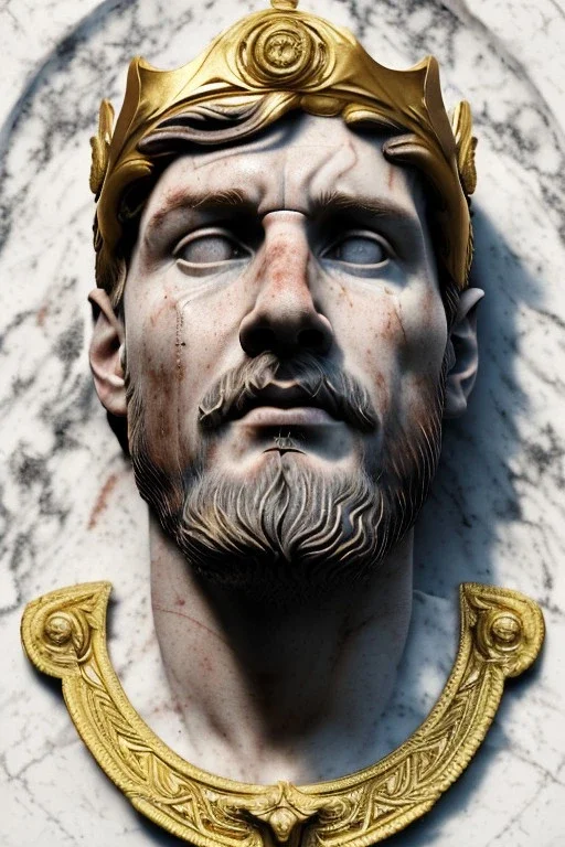 Ultra Realistic image, Roman sculpture, white marble material, Lionel Messi, gold Laurel leaves wreath, god crown, baroque ornaments, one gold star in heart, sun ornament, sun rays background, chisel style, waist up portrait, emperor style, epic, celestial, cinematic lighting, God light, god rays, 4k resolution, smooth details, ornate details, soft lighting, unreal engine 5, art station, substance 3d.