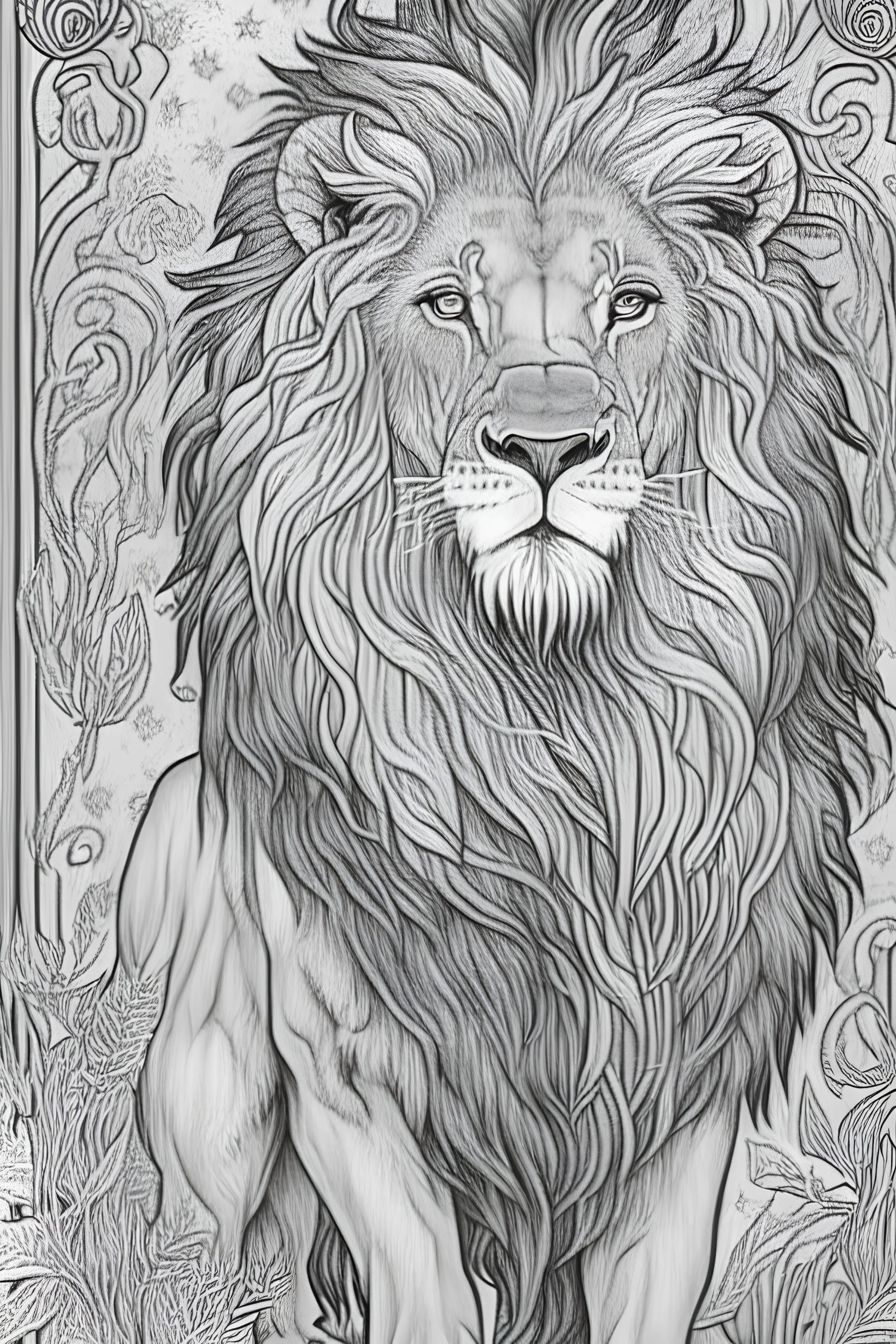 coloring book page of a magical lion, monochrome, black and white, sharp, sketch drawing