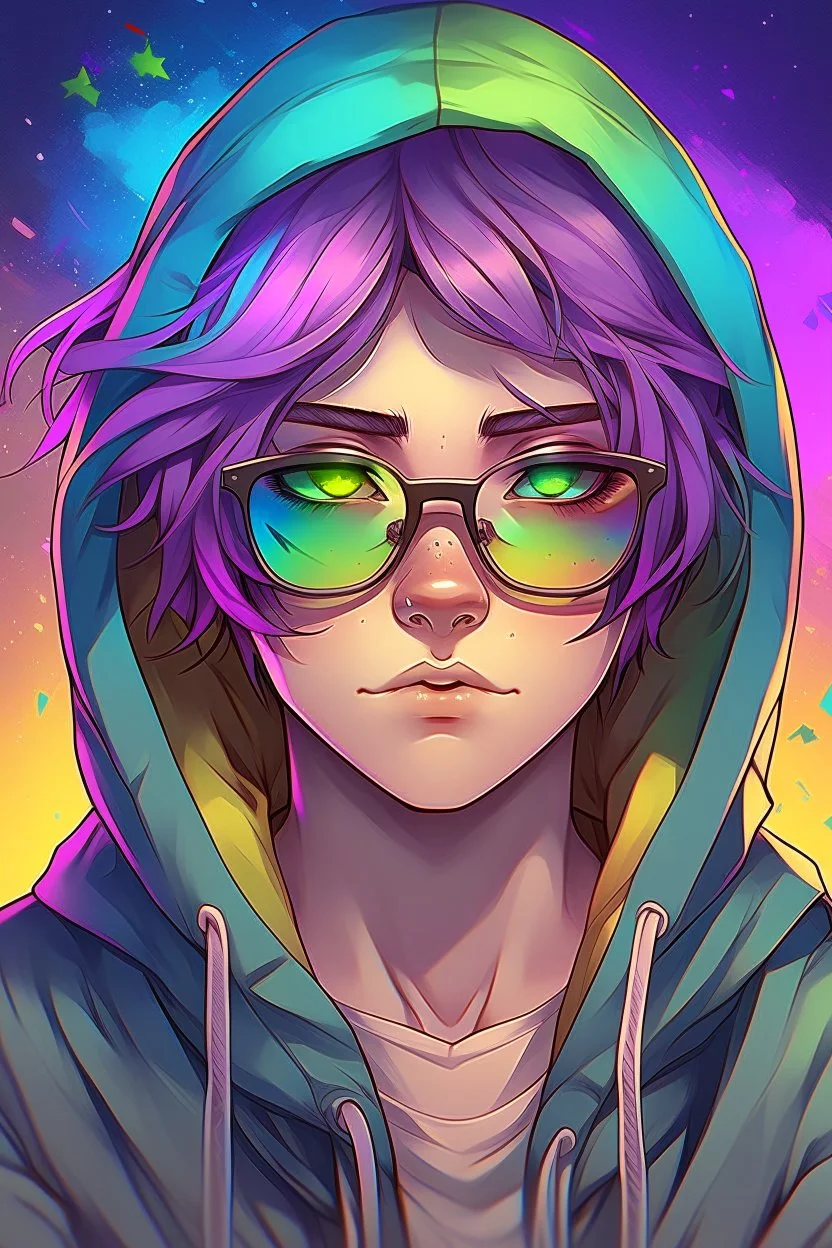 Anime man with glasses, messy rainbow hair, wearing a hooded sweatshirt, realistic